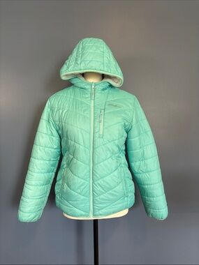 Eddie Bauer Reversible Quilted Hooded Puffer Jacket in Teal/Tie dye